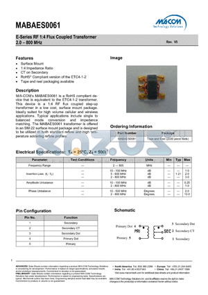 MABAES0061 datasheet - E-Series RF 1:4 Flux Coupled Transformer