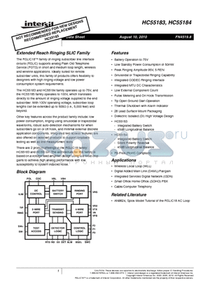 HC55183ECMZ96 datasheet - Extended Reach Ringing SLIC Family