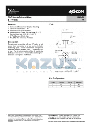 MAC-51 datasheet - TO-5 Double-Balanced Mixer, 5 - 500 MHz