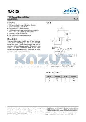 MAC-50 datasheet - TO-5 Double-Balanced Mixer, 0.2 - 200 MHz