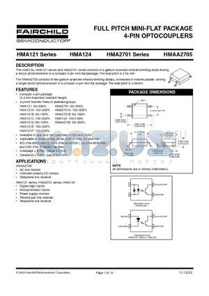HMA121AR2 datasheet - FULL PITCH MINI-FLAT PACKAGE 4-PIN OPTOCOUPLERS