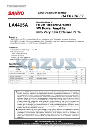 LA4425A datasheet - For Car Radio and Car Stereo 5W Power Amplifier with Very Few External Parts