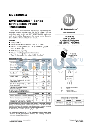 MJE13005G datasheet - SWITCHMODE Series NPN Silicon Power Transistors