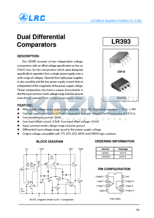 LR393D datasheet - Dual Differential Comparators 5.0nA; Low input offset voltage: 5.0mV