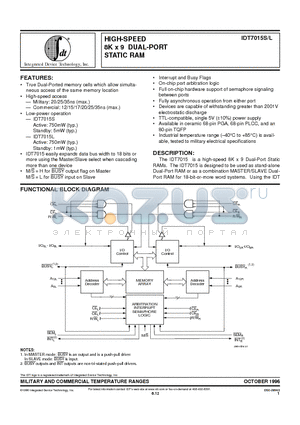 IDT7015L12PFB datasheet - HIGH-SPEED 8K x 9 DUAL-PORT STATIC RAM