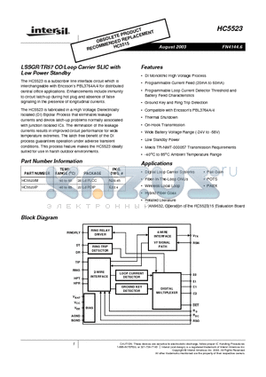 HC5523 datasheet - LSSGR/TR57 CO/Loop Carrier SLIC with Low Power Standby