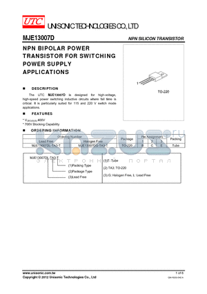 MJE13007DL-TA3-T datasheet - NPN BIPOLAR POWER TRANSISTOR FOR SWITCHING POWER SUPPLY APPLICATIONS