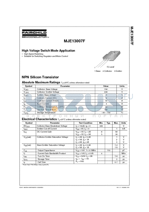 MJE13007F datasheet - High Voltage Switch Mode Application