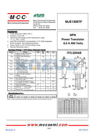 MJE13007F datasheet - NPN Power Transistor 8.0 A 400 Volts