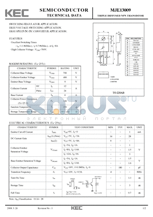 MJE13009 datasheet - TRIPLE DIFFUSED NPN TRANSISTOR