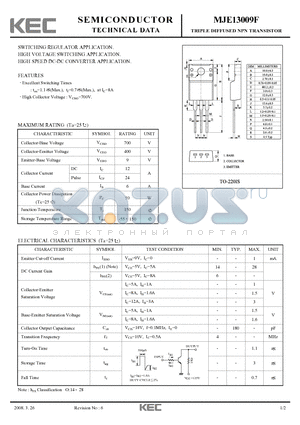 MJE13009F datasheet - TRIPLE DIFFUSED NPN TRANSISTOR