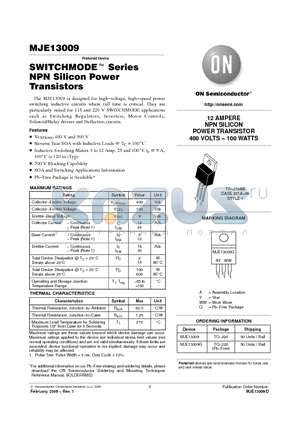 MJE13009G datasheet - 12 AMPERE NPN SILICON POWER TRANSISTOR 400 VOLTS − 100 WATTS