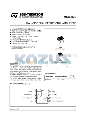 MC33078D datasheet - LOW NOISE DUAL OPERATIONAL AMPLIFIERS