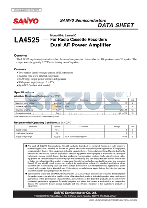 LA4525 datasheet - For Radio Cassette Recorders Dual AF Power Amplifier