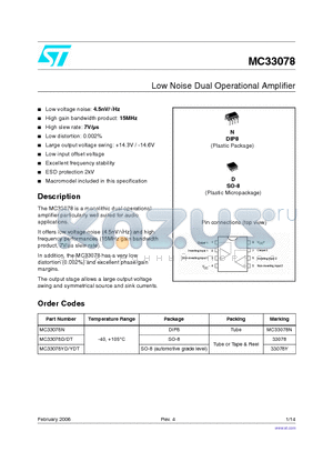 MC33078D datasheet - Low Noise Dual Operational Amplifier