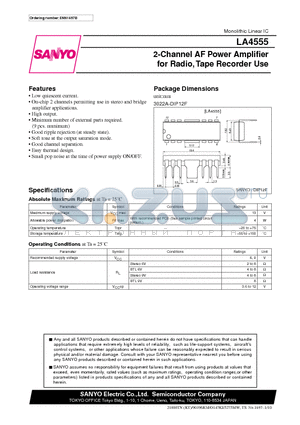 LA4555 datasheet - 2-Channel AF Power Amplifier for Radio, Tape Recorder Use