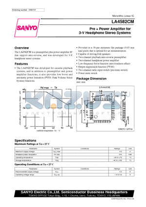 LA4582CM datasheet - Pre  Power Amplifier for 3-V Headphone Stereo Systems