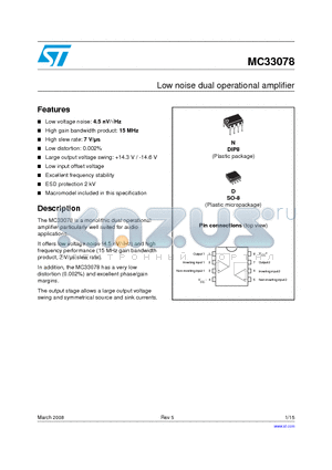 MC33078N datasheet - Low noise dual operational amplifier