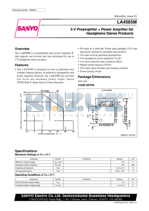 LA4585 datasheet - 3-V Preamplifier  Power Amplifier for Headphone Stereo Products