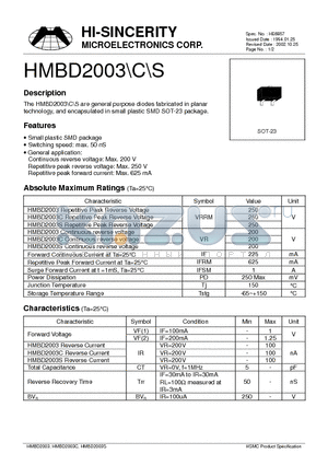HMBD2003 datasheet - General purpose diodes fabricated in planar technology