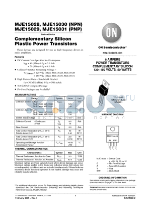 MJE15029G datasheet - 8 AMPERE POWER TRANSISTORS COMPLEMENTARY SILICON 120−150 VOLTS, 50 WATTS