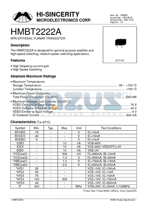HMBT2222A datasheet - NPN EPITAXIAL PLANAR TRANSISTOR