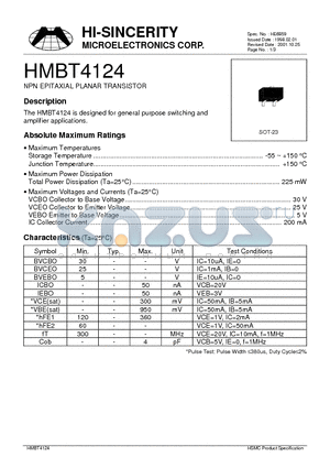 HMBT4124 datasheet - NPN EPITAXIAL PLANAR TRANSISTOR