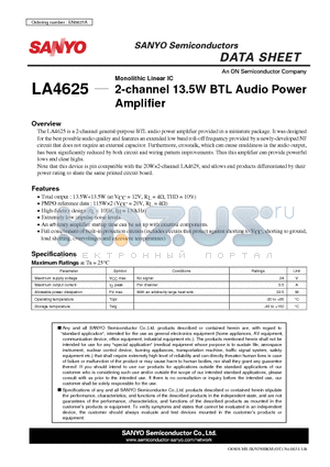 LA4625 datasheet - 2-channel 13.5W BTL Audio Power Amplifier