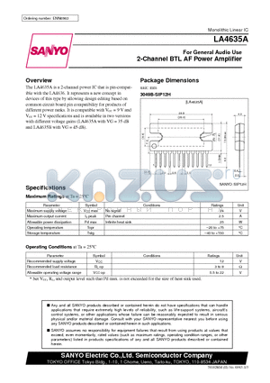 LA4635A datasheet - For General Audio Use 2-Channel BTL AF Power Amplifier