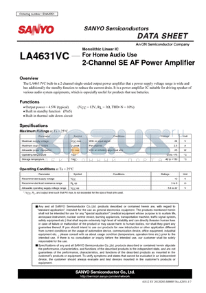 LA4631VC datasheet - For Home Audio Use 2-Channel SE AF Power Amplifier