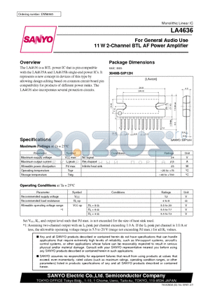 LA4636 datasheet - For General Audio Use 11 W 2-Channel BTL AF Power Amplifier