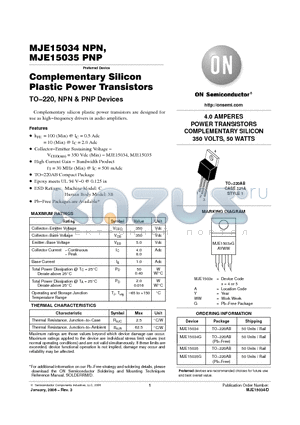 MJE15035 datasheet - 4.0 AMPERES POWER TRANSISTORS COMPLEMENTARY SILICON 350 VOLTS, 50 WATTS
