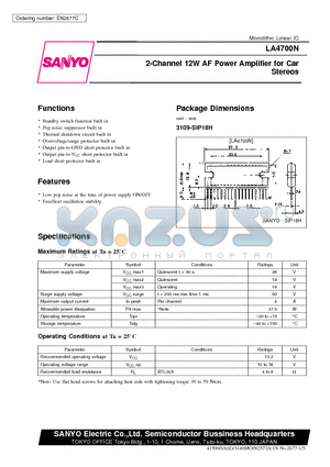 LA4700 datasheet - 2-Channel 12W AF Power Amplifier for Car Stereos