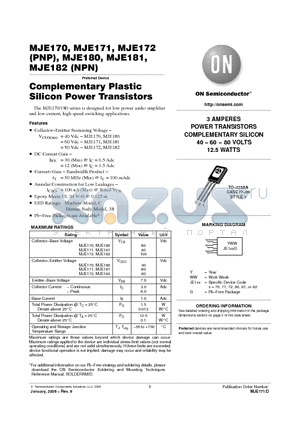 MJE170 datasheet - Complementary Plastic Silicon Power Transistors 40 − 60 − 80 VOLTS 12.5 WATTS