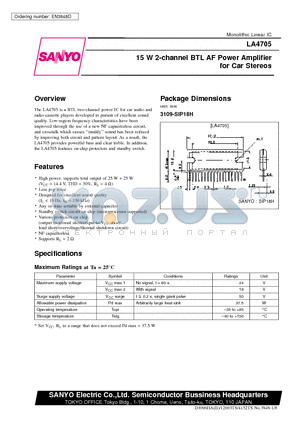 LA4705 datasheet - 15 W 2-channel BTL AF Power Amplifier for Car Stereos