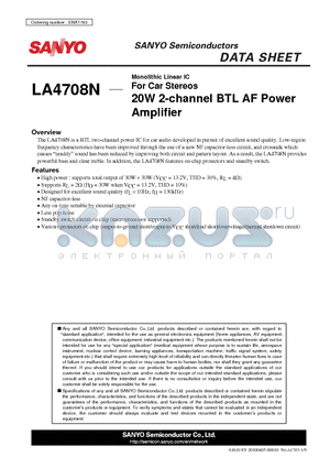 LA4708N datasheet - Monolithic Linear IC For Car Stereos 20W 2-channel BTL AF Power Amplifier