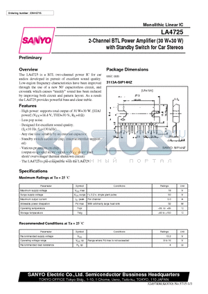 LA4725 datasheet - 2-Channel BTL Power Amplifier 30 W30 W with Standby Switch for Car Stereos