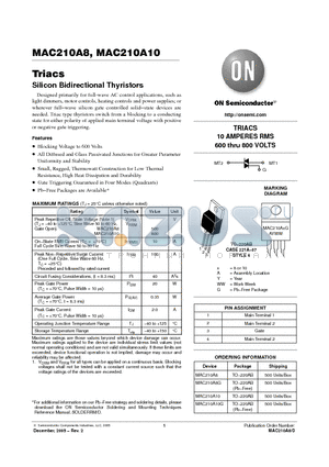 MAC210A10G datasheet - Triacs Silicon Bidirectional Thyristors