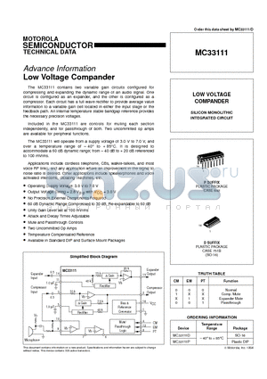 MC33111 datasheet - Low Voltage Compander