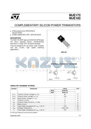 MJE172 datasheet - COMPLEMENTARY SILICON POWER TRANSISTORS