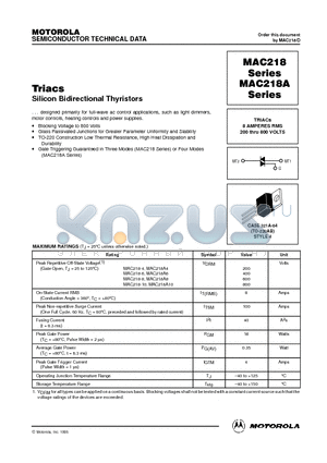 MAC218A6 datasheet - TRIACs 8 AMPERES RMS 200 thru 800 VOLTS