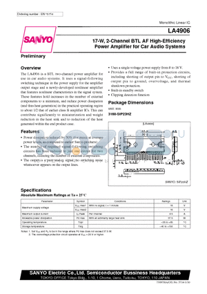 LA4906 datasheet - 17-W, 2-Channel BTL AF High-Efficiency Power Amplifier for Car Audio Systems