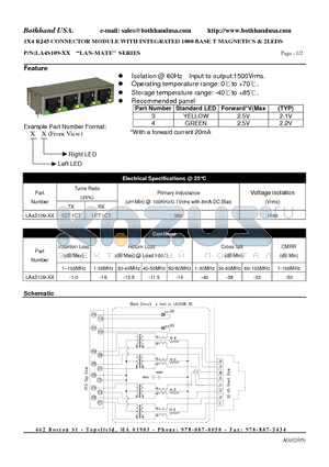 LA4S109-XX datasheet - 1X4 RJ45 CONNECTOR MODULE WITH INTEGRATED 1000 BASE T MAGNETICS & 2LEDS