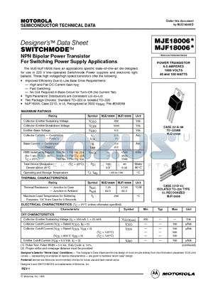 MJE18006 datasheet - POWER TRANSISTOR 6.0 AMPERES 1000 VOLTS 40 and 100 WATTS