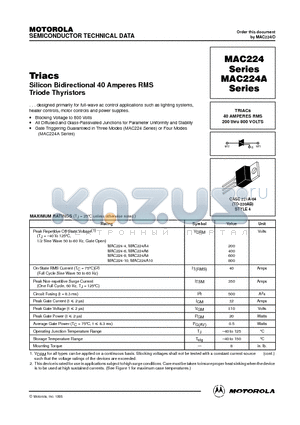 MAC224A datasheet - Triacs Silicon Bidirectional 40 Amperes RMS Triode Thyristors