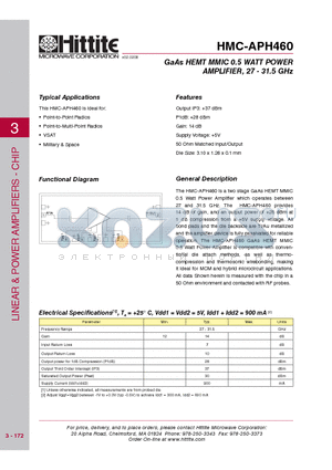 HMC-APH460 datasheet - GaAs HEMT MMIC 0.5 WATT POWER AMPLIFIER, 27 - 31.5 GHz