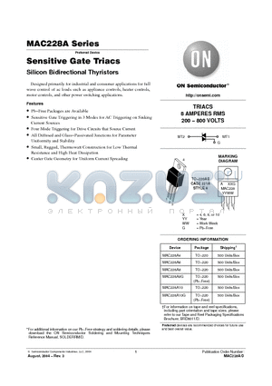 MAC228A10G datasheet - Sensitive Gate Triacs Silicon Bidirectional Thyristors