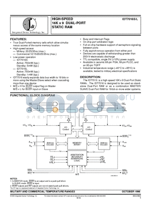 IDT7016S15J datasheet - HIGH-SPEED 16K x 9 DUAL-PORT STATIC RAM