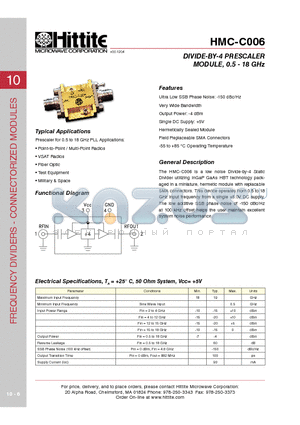 HMC-C006 datasheet - DIVIDE-BY-4 PRESCALER MODULE, 0.5 - 18 GHz