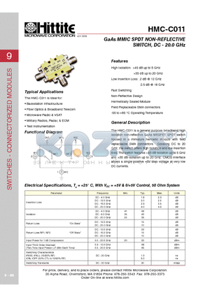 HMC-C011 datasheet - GaAs MMIC SPDT NON-REFLECTIVE SWITCH, DC - 20.0 GHz